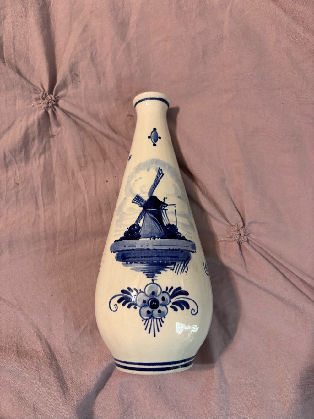 Delft Holland Blue and White Ceramic Vase with Windmill Motif